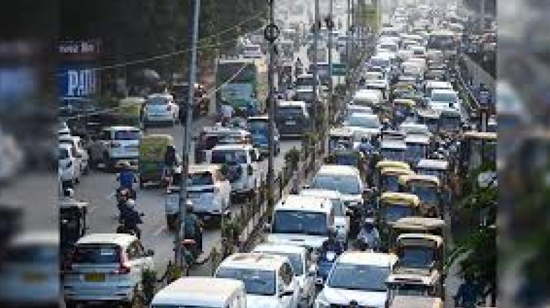 The construction has occupied two lanes on the route, leading to heavy congestion and slow vehicle movement.  File Photo.