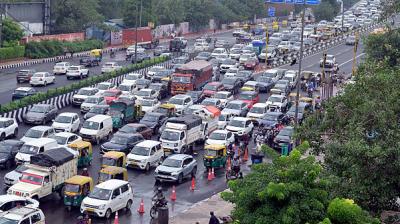 The construction has occupied two lanes on the route, leading to heavy congestion and slow vehicle movement.  File Photo.