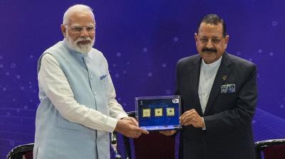 Prime Minister Narendra Modi with Union Minister of State (Independent Charge) of Science and Technology Jitendra Singh during the inauguration of the Emerging Science and Technology Innovation Conclave (ESTIC) 2025, at Bharat Mandapam, in New Delhi, Monday, Nov. 3, 2025.AI Helps Children's Homework; India Making AI Useful for Every Segment of Society: PM Modi; India to Host Global AI Summit in 2026 (Photo: PTI
