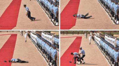 A member of the IAF, on Guard of Honour duty, faints during the ceremonial
