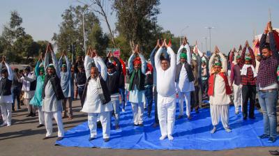 Protestors do yoga on highway
