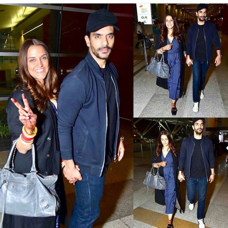 nehadhupia and AngadBedi clicked at Delhi airport