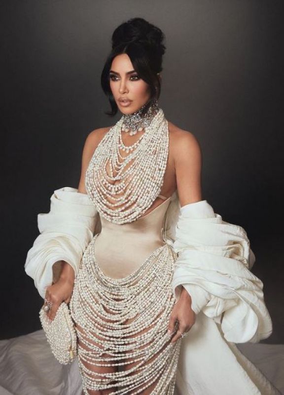 American model, media personality, and businesswoman Kim Kardashian wears pearl naked dress at Met Gala 2023
