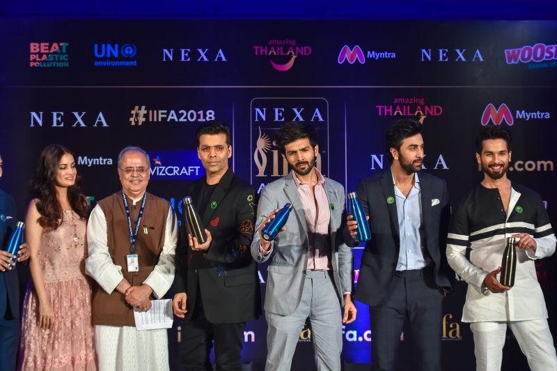 Bollywood Actors Kartik Aaryan, Dia Mirza ,Ranbir Kapoor and Karan Johar Pose for a Photo During a Press Confrence for 19th edition of IIFA Weekend Awards 2018