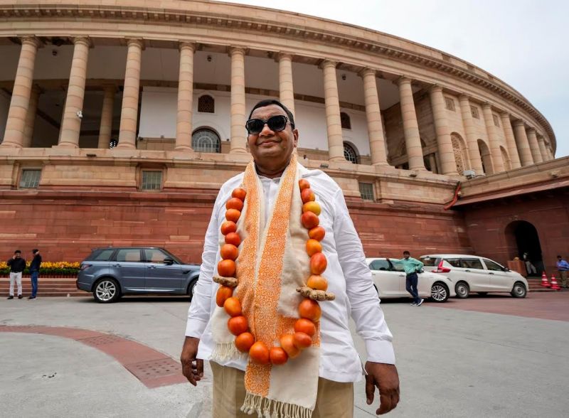 AAP MP Sushil Gupta Reached RS with a Garland of Tomatoes, Stages Protest Against Rising Prices 