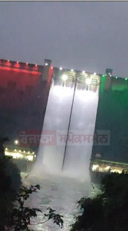 Bhakhra Dam lit up on the Eve of the 77th Independence Day of India