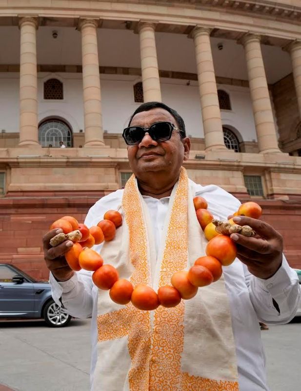 AAP MP Sushil Gupta Reached RS with a Garland of Tomatoes, Stages Protest Against Rising Prices 