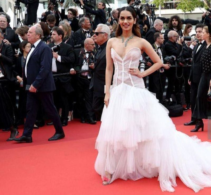 Miss World Manushi Chhillar wears White Beautiful Gown at Cannes Red Carpet