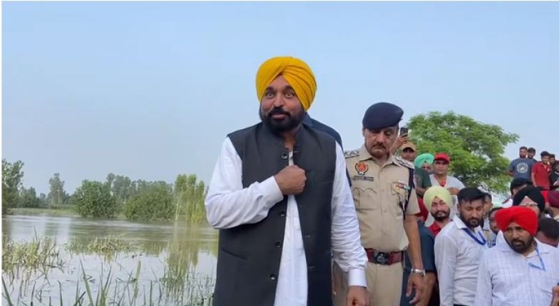 Punjab Chief Minister Bhagwant Mann reaches village Haler Janardhan of Mukerian to review devastating conditions amid flood
