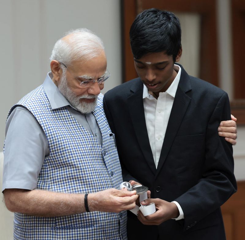 PM Modi Meets Chess Champion R Praggnanandhaa who won Silver Medal in FIDE World Cup 2023