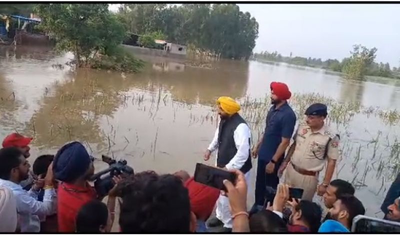 Punjab Chief Minister Bhagwant Mann reaches village Haler Janardhan of Mukerian to review devastating conditions amid flood
