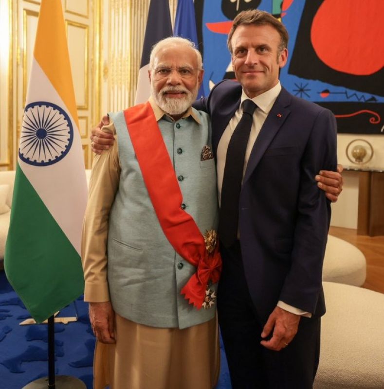 French President Emmanuel Macron Bestows Grand Cross of the Legion of Honour upon Indian PM Modi. Prime Minister Narendra Modi became the first Indian Prime Minister to receive the prestigious honor.
