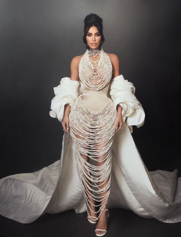 American model, media personality, and businesswoman Kim Kardashian wears pearl naked dress at Met Gala 2023
