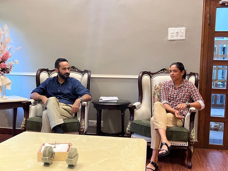 Sports Minister Gurmeet Singh Meet Hayer meets Harmanpreet Kaur, the captain of the Indian women's cricket team which won gold in Asian Games and bronze medalist shooter Gurjoat Singh Khangura
