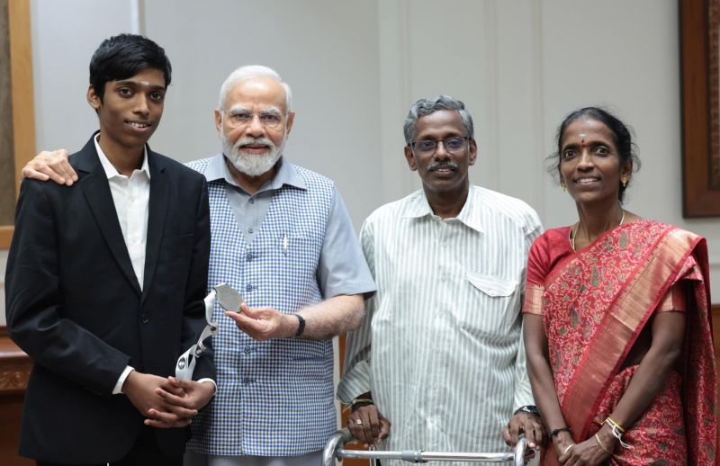 PM Modi Meets Chess Champion R Praggnanandhaa who won Silver Medal in FIDE World Cup 2023